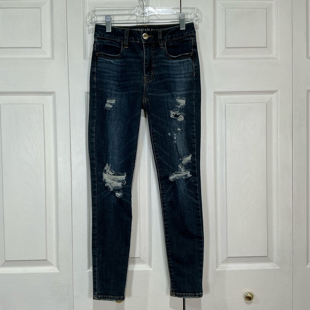 🩷 American Eagle Hi-Rise Jegging Blue Distressed Denim Jeans - Size 0 (01301)